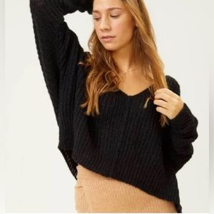 Free People Teal Loose Knit Cropped Long Sleeve V Neck Alpaca Wool Sweater Sz M